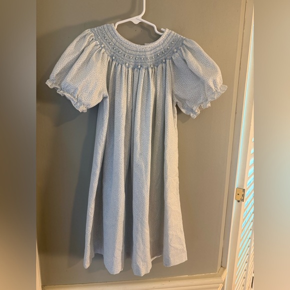 Anavini Hand Smocked Cotton Dress Blue Floral Puff Sleeve Girls Size 6 - Picture 1 of 8